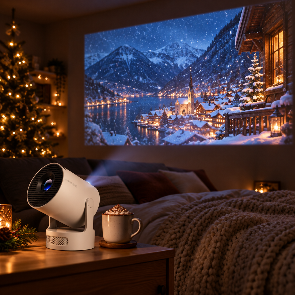 Snugscreen projector on a bedside table projecting a snowy village window across the bedroom wall