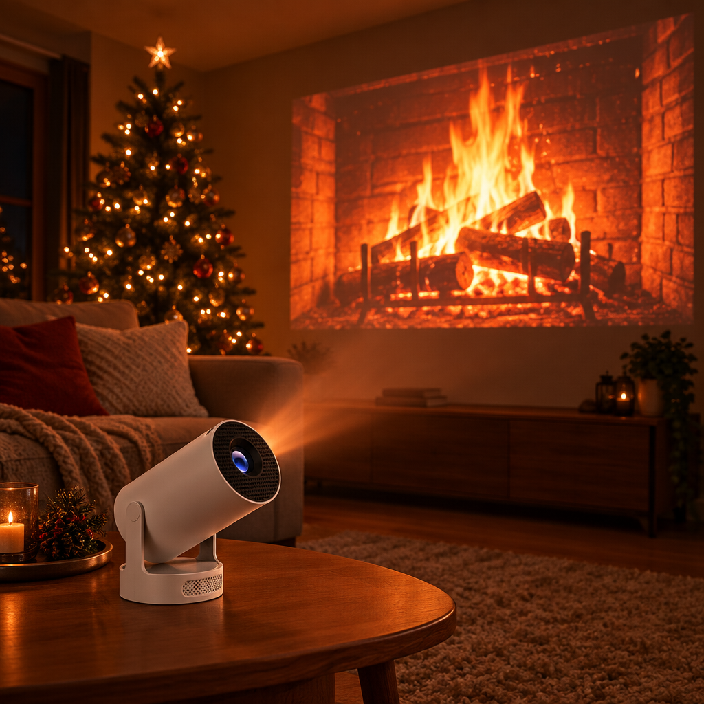 Snugscreen projector projecting a fireplace scene in a cosy living room