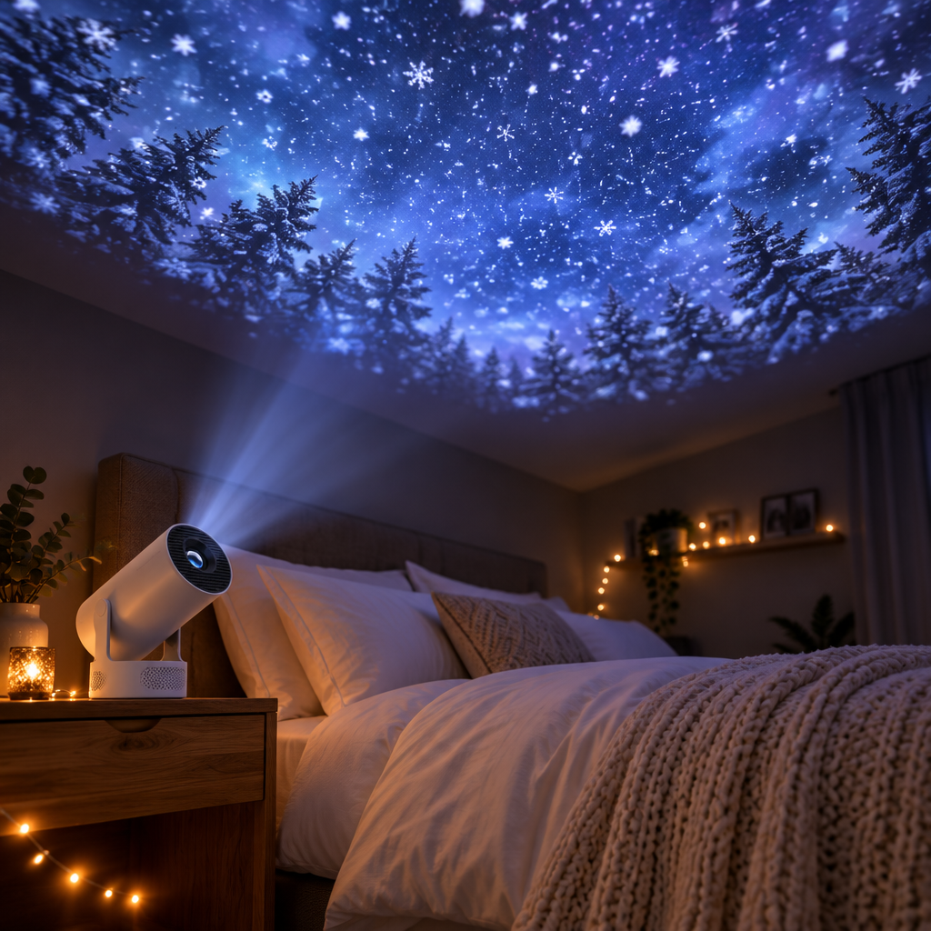Snugscreen projector tilted up projecting snowfall onto the bedroom ceiling