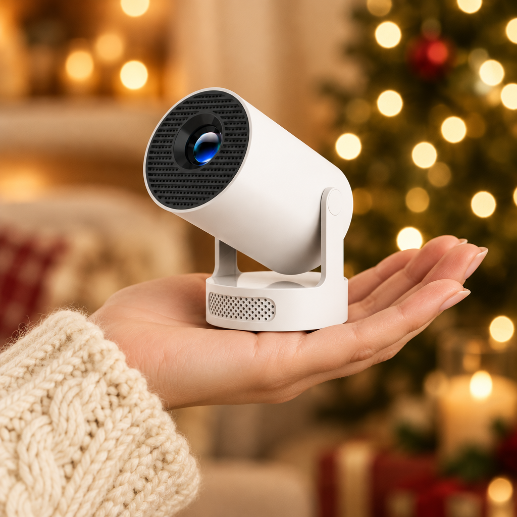 Snugscreen projector held in one hand to show its compact size