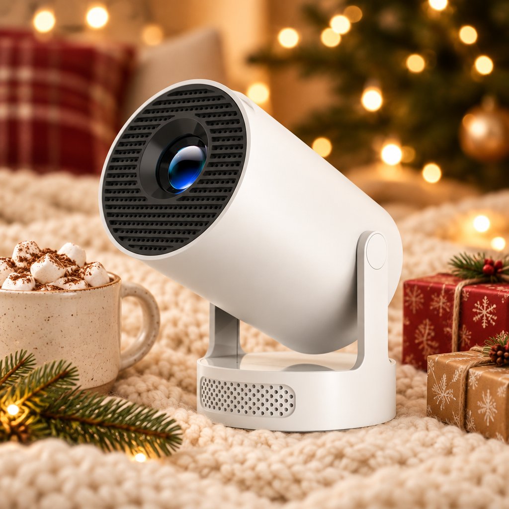 Snugscreen projector on a knit blanket with hot chocolate and presents