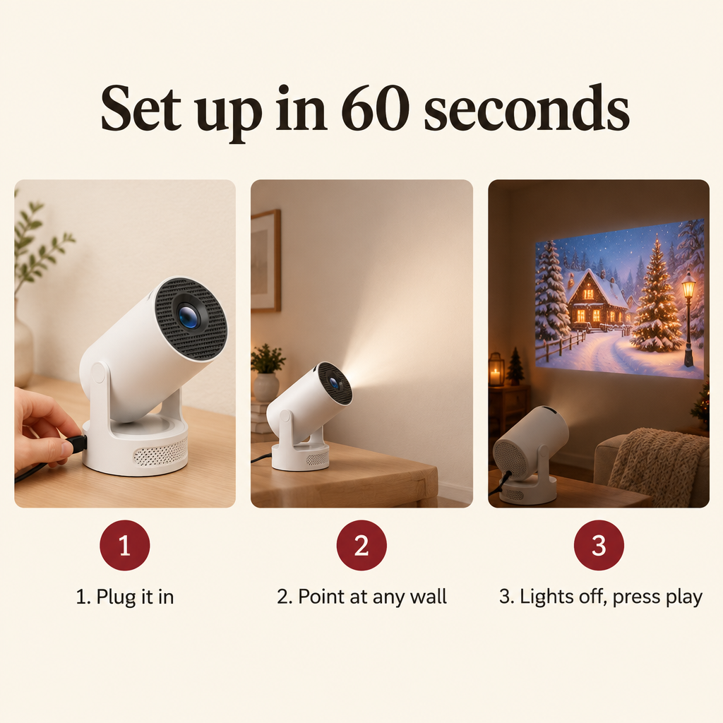 Set up in 60 seconds: plug it in, point at any wall, press play
