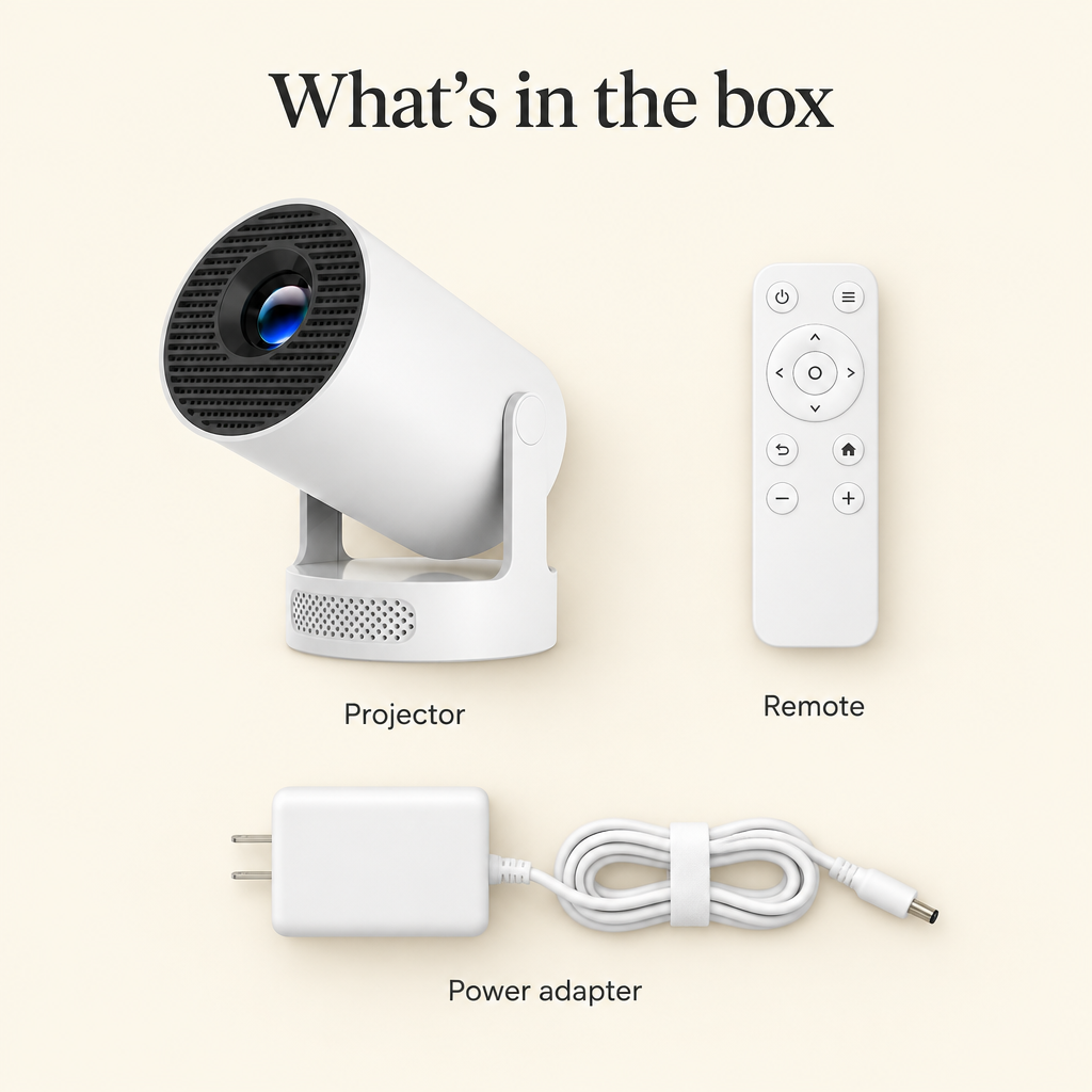What's in the box: projector, remote, power adapter