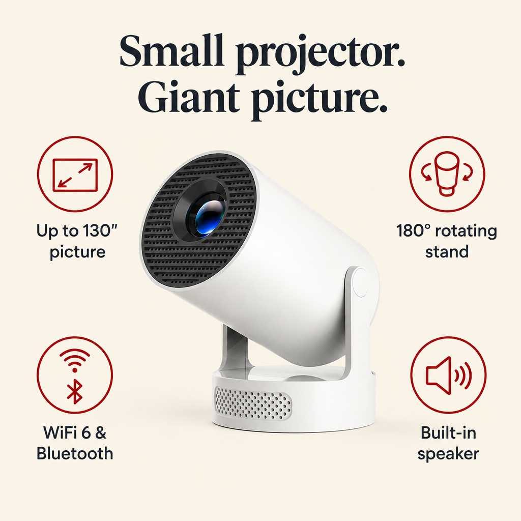 Features: up to 130 inch picture, 180 degree stand, WiFi 6 and Bluetooth, built-in speaker